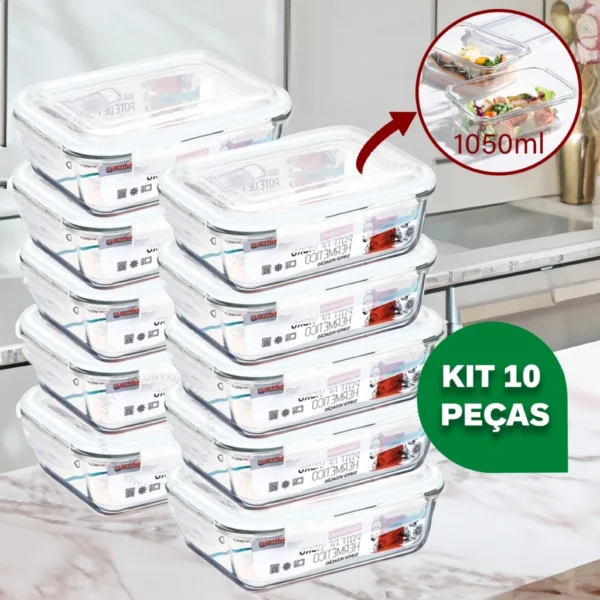 Kit 10 Potes Vidro Hermético 1040ml Retangular 4 Travas Marmita Premium