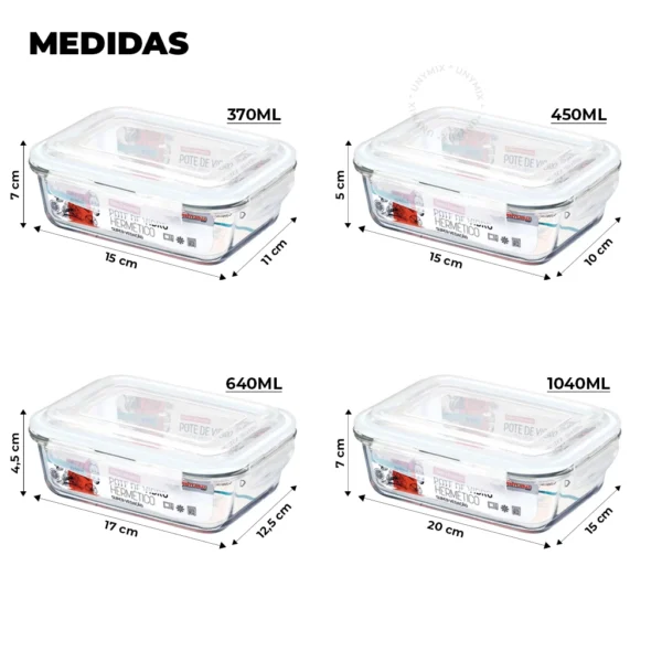 Kit 10 Potes Vidro Hermético 1040ml Retangular 4 Travas Marmita Premium - Image 3