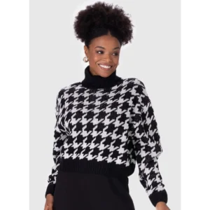 Malwee - Suéter Feminino Pied de Poule em Tricô Preto